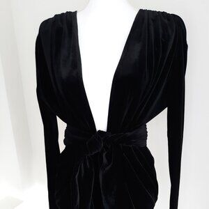 Black Velvet Mini Dress Waterfall Draped Luxurious Long Sleeve